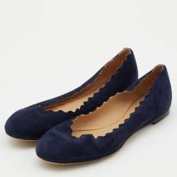 Pre Owned Chloé Navy Blue Scalloped Suede Lauren Ballet Flats Size 38.5