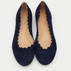 Pre Owned Chloé Navy Blue Scalloped Suede Lauren Ballet Flats Size 38.5