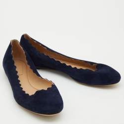 Pre Owned Chloé Navy Blue Scalloped Suede Lauren Ballet Flats Size 38.5