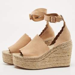 Pre Owned Chloe Beige Suede Scalloped Trim Lauren Ankle Wrap Flatform Espadrille Sandals Size 41