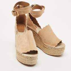 Pre Owned Chloe Beige Suede Scalloped Trim Lauren Ankle Wrap Flatform Espadrille Sandals Size 41