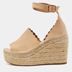 Pre Owned Chloe Beige Suede Scalloped Trim Lauren Ankle Wrap Flatform Espadrille Sandals Size 41