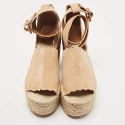 Pre Owned Chloe Beige Suede Scalloped Trim Lauren Ankle Wrap Flatform Espadrille Sandals Size 41