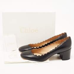 Pre Owned Chloe Black Leather Scalloped Block Heel Pumps Size 40