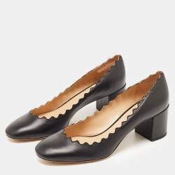 Pre Owned Chloe Black Leather Scalloped Block Heel Pumps Size 40
