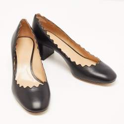 Pre Owned Chloe Black Leather Scalloped Block Heel Pumps Size 40