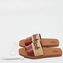 Pre Owned Chloe Brown/Beige Leather and Woven Raffia Woody Flat Slides Size 39