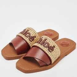 Pre Owned Chloe Brown/Beige Leather and Woven Raffia Woody Flat Slides Size 39
