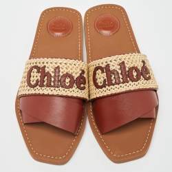 Pre Owned Chloe Brown/Beige Leather and Woven Raffia Woody Flat Slides Size 39