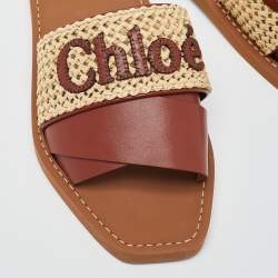 Pre Owned Chloe Brown/Beige Leather and Woven Raffia Woody Flat Slides Size 39