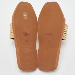 Pre Owned Chloe Brown/Beige Leather and Woven Raffia Woody Flat Slides Size 39
