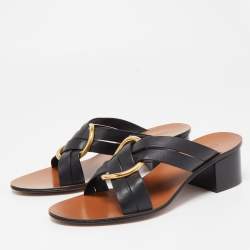 Chloé Black Leather  Rony Slides Block Heel Sandals Size 38