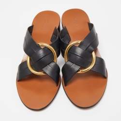 Chloé Black Leather  Rony Slides Block Heel Sandals Size 38