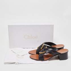 Chloé Black Leather  Rony Slides Block Heel Sandals Size 38