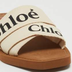 Chloé  White Logo Canvas Woody Flat Slides Size 38