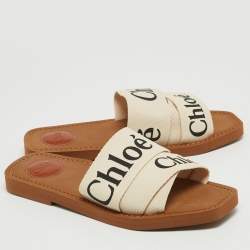 Chloé  White Logo Canvas Woody Flat Slides Size 38