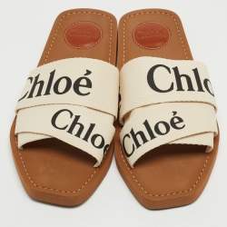 Chloé  White Logo Canvas Woody Flat Slides Size 38