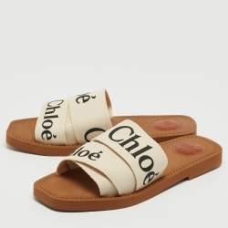 Chloé  White Logo Canvas Woody Flat Slides Size 38