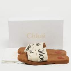 Chloé  White Logo Canvas Woody Flat Slides Size 38