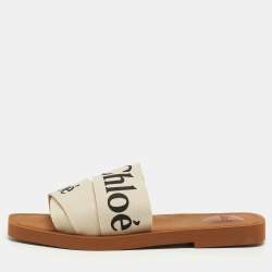 Chloé  White Logo Canvas Woody Flat Slides Size 38