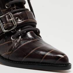 Pre Owned Chloe Brown Croc Leather Embossed Rylee Pointed Toe Boots 38