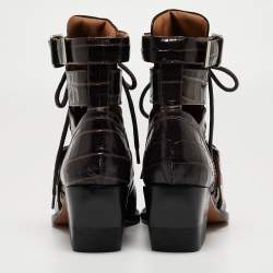 Pre Owned Chloe Brown Croc Leather Embossed Rylee Pointed Toe Boots 38