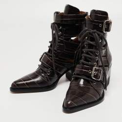 Pre Owned Chloe Brown Croc Leather Embossed Rylee Pointed Toe Boots 38