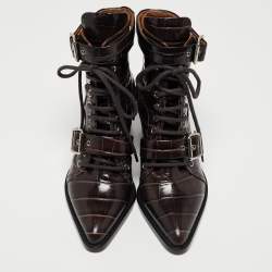 Pre Owned Chloe Brown Croc Leather Embossed Rylee Pointed Toe Boots 38