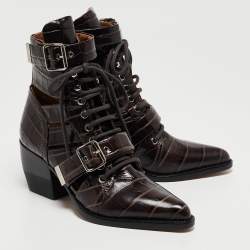 Pre Owned Chloe Brown Croc Leather Embossed Rylee Pointed Toe Boots 38