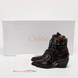 Pre Owned Chloe Brown Croc Leather Embossed Rylee Pointed Toe Boots 38