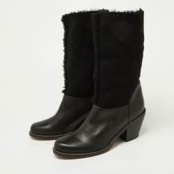 Pre Owned Chloe Black Leather, Suede and Fur Trim Mid Calf Boots Size 39
