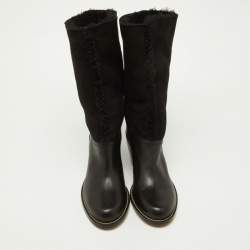 Pre Owned Chloe Black Leather, Suede and Fur Trim Mid Calf Boots Size 39
