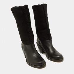 Pre Owned Chloe Black Leather, Suede and Fur Trim Mid Calf Boots Size 39