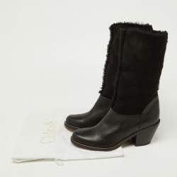 Pre Owned Chloe Black Leather, Suede and Fur Trim Mid Calf Boots Size 39