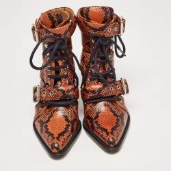 Chloe Brown Python Embossed Leather Rylee Ankle Boots Size 34.5