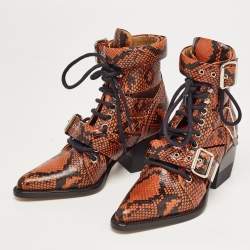 Chloe Brown Python Embossed Leather Rylee Ankle Boots Size 34.5