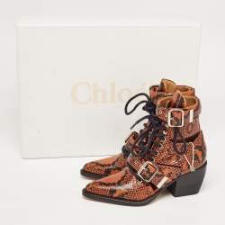 Chloe Brown Python Embossed Leather Rylee Ankle Boots Size 34.5