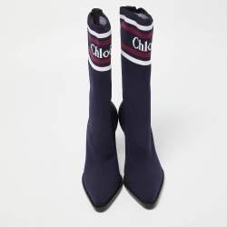 مملوكة مسبقًا Chloe Blue Knit Fabric Tracey Mid Calf Boots Size 40