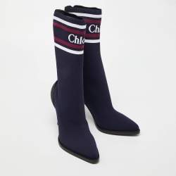 مملوكة مسبقًا Chloe Blue Knit Fabric Tracey Mid Calf Boots Size 40