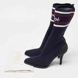 مملوكة مسبقًا Chloe Blue Knit Fabric Tracey Mid Calf Boots Size 40