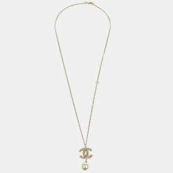 Pre Owned Chanel CC Chain Pendant Necklace Gold Artificial Pearl