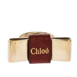 Chloe Leather Bow Motif Gold Tone Ring Size 54