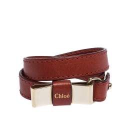 Pre Owned Chloe Leather Bow Motif Gold Tone Double Wrap Bracelet