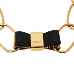 Chloe Gold Tone Metal Leather Bow Detail Chain Necklace