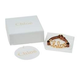 Pre Owned Chloe Brown Leather Gold Tone Logo Bracelet