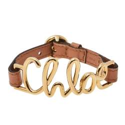 Pre Owned Chloe Brown Leather Gold Tone Logo Bracelet
