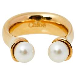 Pre Owned Chloé Gold Tone Pearl Embellished Darcey Ring Size EU 52