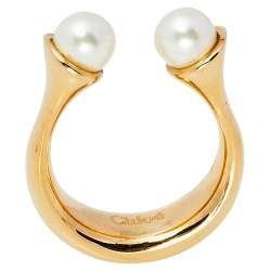 Pre Owned Chloé Gold Tone Pearl Embellished Darcey Ring Size EU 52
