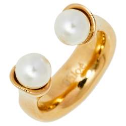 Pre Owned Chloé Gold Tone Pearl Embellished Darcey Ring Size EU 52