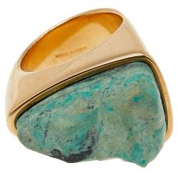 Pre Owned Chloe Green Natural Stone Gold Tone Ring Size 54.5